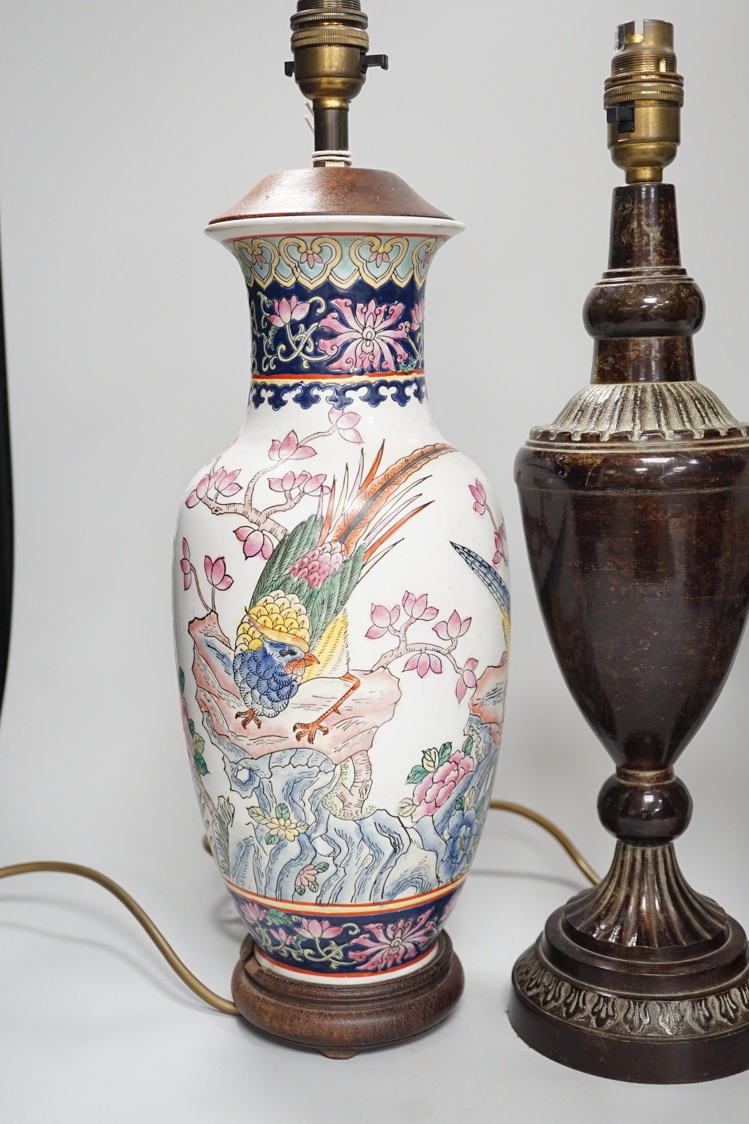Two Chinese famille rose table lamps and one other
